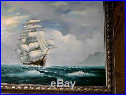 LARGE VINTAGE ORIGINAL Signed Oil Painting Ocean Clipper Ship Birds Seascape