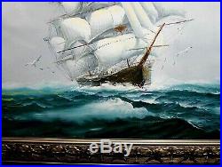 LARGE VINTAGE ORIGINAL Signed Oil Painting Ocean Clipper Ship Birds Seascape