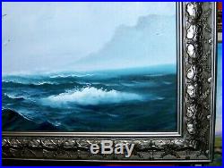 LARGE VINTAGE ORIGINAL Signed Oil Painting Ocean Clipper Ship Birds Seascape