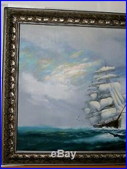 LARGE VINTAGE ORIGINAL Signed Oil Painting Ocean Clipper Ship Birds Seascape