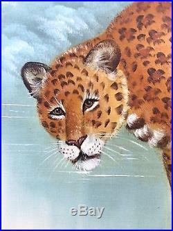 LARGE Vintage Painting SIGNED ASTON Cheetah Jaguar Animal Kitschy canvas oil