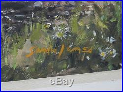 LARGE Vintage Sandra James SIGNED Oil/Board Impressionism Boat Dock Painting yqz