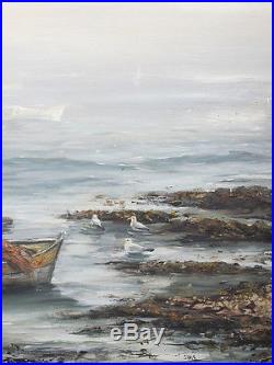 LARGE Vintage Sandra James SIGNED Oil/Board Impressionism Boat Dock Painting yqz