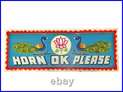 LARGE Vtg Indian Outsider Art Truck Sign'Horn OK Please' Painting On Board