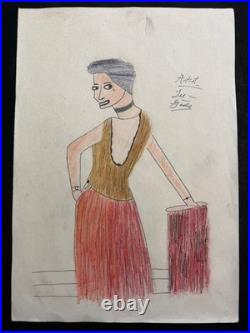 LEE GODIE drawing and painting on old paper signed stamped vintage