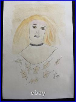 LEE GODIE drawing and painting on old paper signed stamped vintage