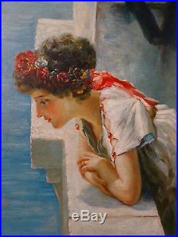 LG Vintage ITALIAN SeaScape LADY at PALACE Classical GODDESS Signed OIL PAINTING
