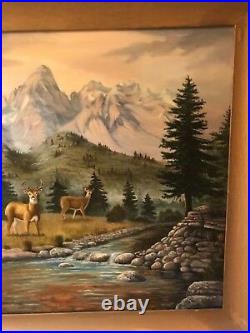 LG Vintage Oil Painting-Mountain Landscape w Deer-Antique Frame-Western Art