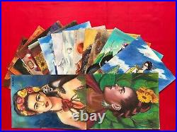 LOT (15) FRIDA KAHLO Paintings on paper (Handmade) signed and stamped vtg art