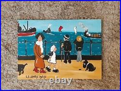 L S Lowry. Original of a busy Promenade, people, dogs, ships, boats vintage Lowry