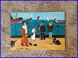 L S Lowry. Original of a busy Promenade, people, dogs, ships, boats vintage Lowry