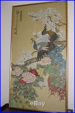 Large 42 Vtg Chinese Painting On SILK Peacocks and Peonies Wealth Signed