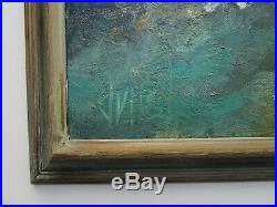 Large Abstract Painting Vintage Modernist Non Objective Blue Green Signed Dvust