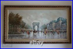 Large Antonio DeVity Vintage Oil Painting Paris Street Scene Arc de Triomphe