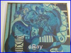 Large MID Century Painting Abstract Cubist Cubism Couple Blue Lovers Vintage Oil