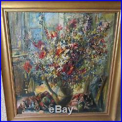 Large MID Century Still Life Painting Interior Floral Post Impressionism Vntg