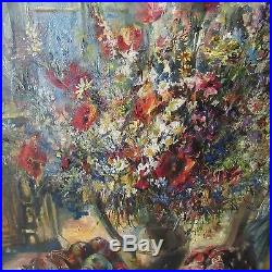 Large MID Century Still Life Painting Interior Floral Post Impressionism Vntg