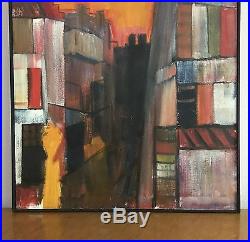 Large Mid-Century Cityscape Painting, Colorful Vintage Modernist Artist Signed