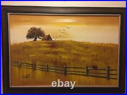 Large Mid Century Signed Matson Oil On Canvas Painting Vintage Farm House Fence