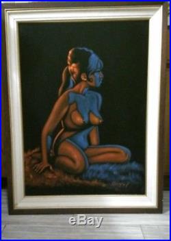 Large Nude Woman On Fur Rug Velvet Painting Vintage Signed
