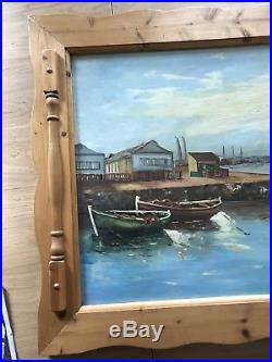 Large Oil On Board Painting Fishing Boats Harbour sea 140 cm 79 cm FRAMED SIGNED