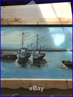 Large Oil On Board Painting Fishing Boats Harbour sea 140 cm 79 cm FRAMED SIGNED