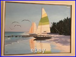Large Original VNTG painting Of Sailboats On A Beach Signed By Kidd