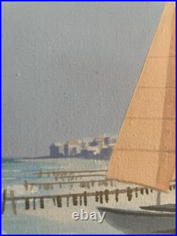 Large Original VNTG painting Of Sailboats On A Beach Signed By Kidd