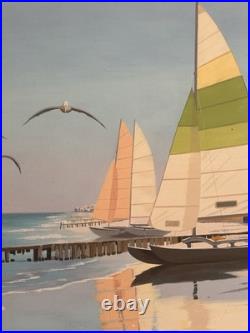 Large Original VNTG painting Of Sailboats On A Beach Signed By Kidd