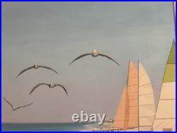 Large Original VNTG painting Of Sailboats On A Beach Signed By Kidd