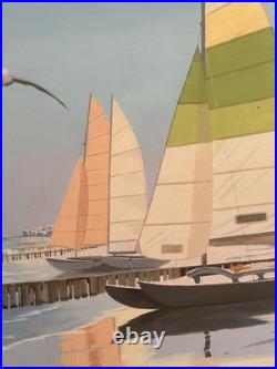 Large Original VNTG painting Of Sailboats On A Beach Signed By Kidd