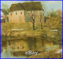 Large Original Vintage, Signed Stucco Home Landscape Oil Painting, No Reserve