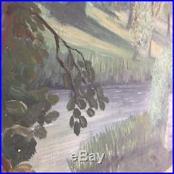 Large Signed Abstract Oil On Board Mid Century Vintage Painting Green Scenery