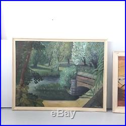 Large Signed Abstract Oil On Board Mid Century Vintage Painting Green Scenery