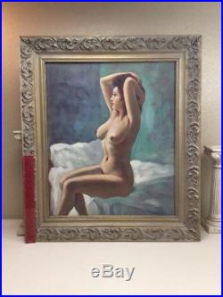 Large True Vintage Mid Century Oil Painting Nude Portrait Beautiful Woman Signed