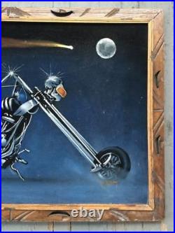 Large VTG Black Velvet Airbrush Painting. Skull Chopper Motorcycle Signed RARE