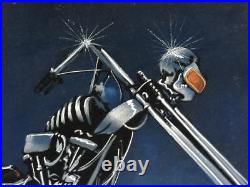 Large VTG Black Velvet Airbrush Painting. Skull Chopper Motorcycle Signed RARE