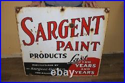 Large Vintage 1940's Sargent Paint 2 Sided 30 Porcelain Metal Sign