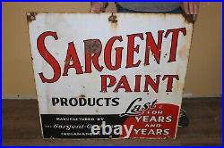 Large Vintage 1940's Sargent Paint 2 Sided 30 Porcelain Metal Sign