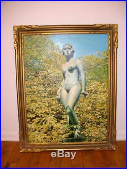 Large Vintage 1950`s Nude Eva Sculpture In Park Oil Painting Artist Meuli