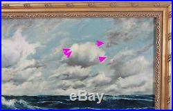Large Vintage 28x40 1949 Seascape Painting Waves Clouds Nautical Gilt Frame