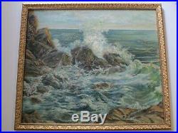 Large Vintage Antique Coastal Beach Rocks Seascape Painting Impressionism 1940