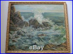 Large Vintage Antique Coastal Beach Rocks Seascape Painting Impressionism 1940