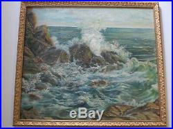Large Vintage Antique Coastal Beach Rocks Seascape Painting Impressionism 1940