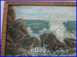 Large Vintage Antique Coastal Beach Rocks Seascape Painting Impressionism 1940