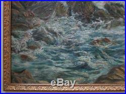 Large Vintage Antique Coastal Beach Rocks Seascape Painting Impressionism 1940