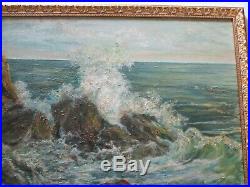 Large Vintage Antique Coastal Beach Rocks Seascape Painting Impressionism 1940