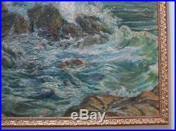 Large Vintage Antique Coastal Beach Rocks Seascape Painting Impressionism 1940