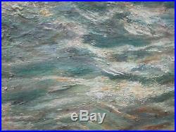 Large Vintage Antique Coastal Beach Rocks Seascape Painting Impressionism 1940