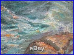 Large Vintage Antique Coastal Beach Rocks Seascape Painting Impressionism 1940